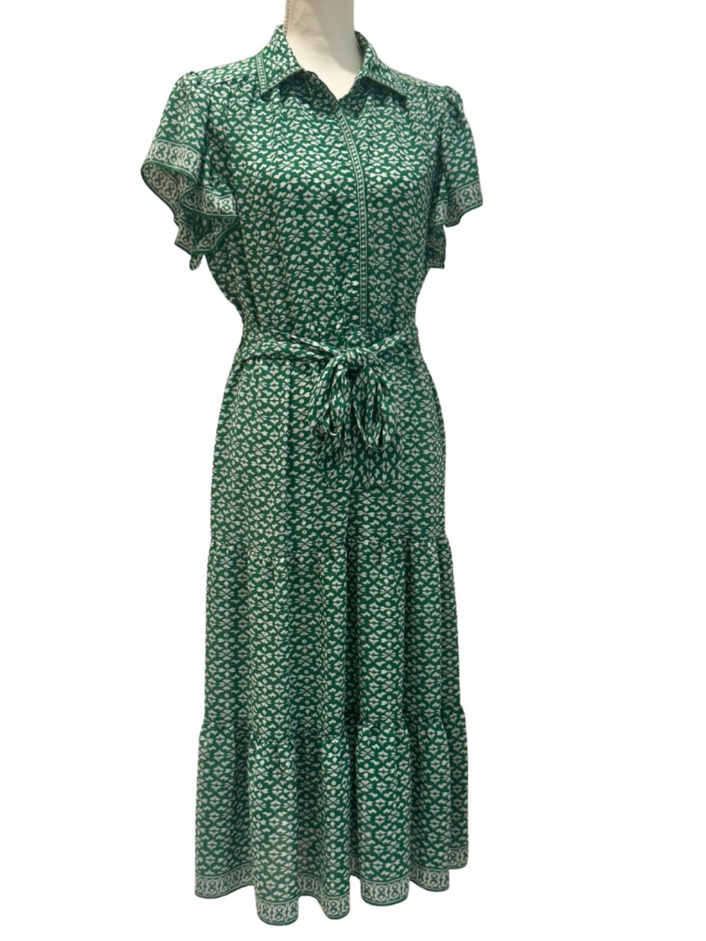 NWOT Max Studio Green Printed Tie-Waist Midi Dress (M)